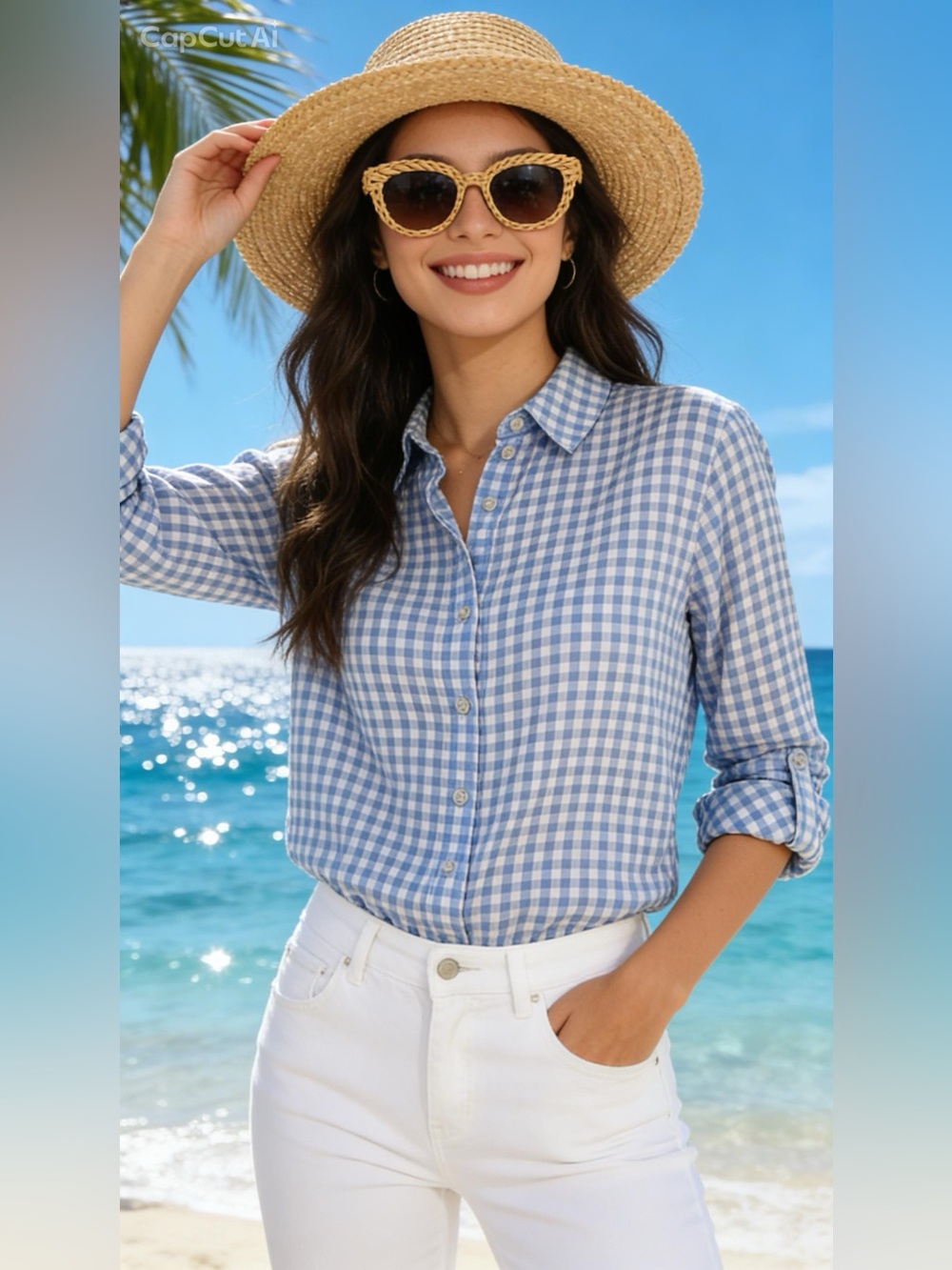 Allison Daley Blue & White Gingham Plaid Roll Sleeve Button Up Shirt 10P